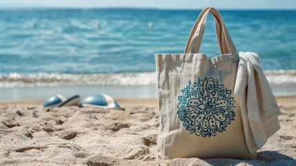 Wall Mural - photo of a beach scene higher 45 degree angle with a towel and tote bag in view