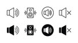 Audio speaker thin line icon set. Containing volume, sound, mute, unmute, loud, loudspeaker, and music button for app and website. Vector illustration