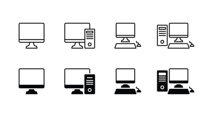 Computer device icon set. Containing PC, monitor, CPU, keyboard, mouse, desktop. Vector illustration