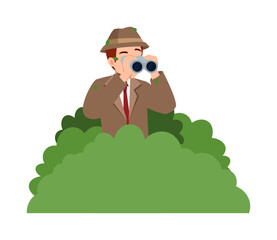 Wall Mural - detective hide in the bush and holding binocular