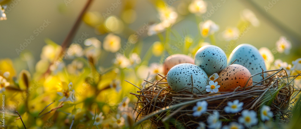 Vibrant and dreamy portrayal of bird's eggs in a nest surrounded by ...