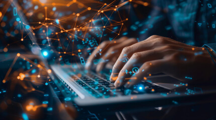 Fototapete - A person is typing on a laptop with a blue and orange background. Concept of technology and modernity, as well as the idea of productivity and communication