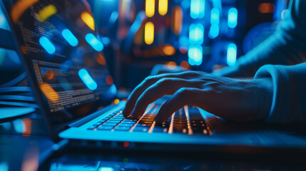 Fototapete - A person is typing on a laptop with a blue and orange background. Concept of technology and modernity, as well as the idea of productivity and communication
