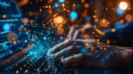 Fototapete - a person is typing on a laptop with a blue and orange background. concept of technology and modernit