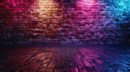 Empty brick wall background, night view, neon light, rays. Celebratory background.