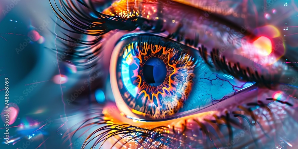 Vivid close-up of a human eye with futuristic digital enhancements ...
