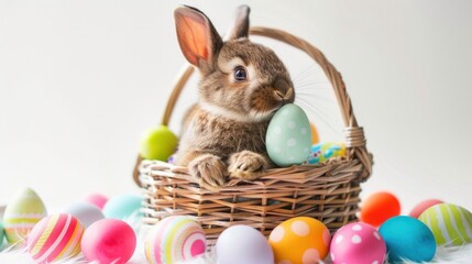 Wall Mural - super cute baby bunny holding an easter basket, colored Easter eggs, all on a white background