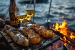 Grilled sausages and lemon halves paired with craft beer by an open fire, epitomizing rustic outdoor cooking and leisure