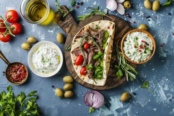 Cooking Traditional Greek Dish Gyros: Pita bread with vegetables, meat, herbs, olives on rustic wooden cutting board with Tzatziki sauce, olive oil top view on blue summer background. 
