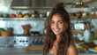 Chic young woman in a pristine kitchen setting, blending style and health in her cooking.