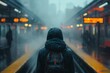A mysterious person standing in the rain at a train station with vibrant digital screens and train in motion