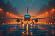 An impressive commercial airplane sits at the foggy runway, creating a dramatic and cinematic atmosphere with vivid lights