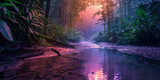 Fototapeta Las - A captivating twilight jungle scene with lush foliage and a serene river reflecting the pink sky, creating a mystic and otherworldly atmosphere