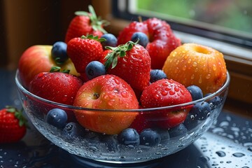 Sticker - A fresh assortment of berries and fruits, glistening with water drops in a glass bowl