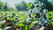 A robot equipped with sensors is carefully tending to sprouting plants, highlighting the integration of robotics in precision agriculture.
