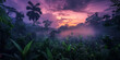 A dreamlike vista of twilight descending upon a foggy jungle, with purple skies and flourishing greenery all around