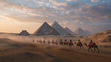 A Scenic View Of A Camel Caravan Silhouetted Against The Grand Egyptian Pyramids Amidst Sand Dunes During A Captivating Sunset