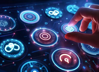 Wall Mural - finger pressing and pointing at various iot icons, in the style of light maroon and azure, rounded f