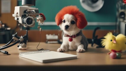 Wall Mural - jack russell terrier A hilarious veterinary visit, where a dog in a clown hair is checking the reflexes  