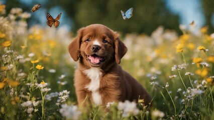 Wall Mural - golden retriever puppy A cheerful Bordeaux puppy with a beaming smile, sitting in a meadow of wildflowers, with butterflies 