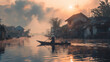 A serene river scene with soft mist, a boatman navigating the calm waters amidst rustic riverside homes at sunrise