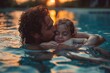 A sunset pool scene capturing a father affectionately holding his child in the water, highlighting familial love