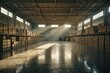 Spacious warehouse interior with rows of shelves filled with boxes.
