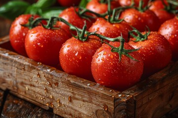 Sticker - Ripe, red tomatoes with water droplets, fresh off the vine, placed on a rustic wooden surface highlighting freshness and organic quality