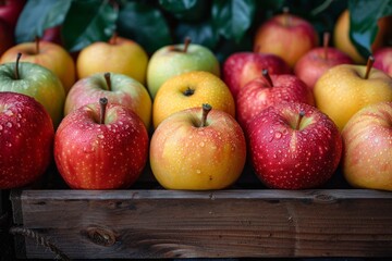 Sticker - Crisp, juicy apples covered in water droplets, displayed on a rustic wooden shelf in a market