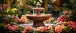 A fountain stands in the center of a garden, surrounded by vibrant flowers and lush green plants. Water cascades from the fountain, creating a soothing atmosphere in the peaceful garden setting.