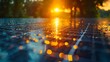 A stunning sunset reflects off rain-drenched solar panels, merging technology with the beauty of nature.