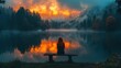 woman enjoying landscape sitting on bench at lake waiting for sunrise alone with nature and relax. Traveling and camping concept.