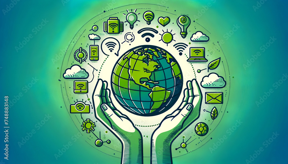 A stylized image featuring hands cradling a green globe with assorted ...