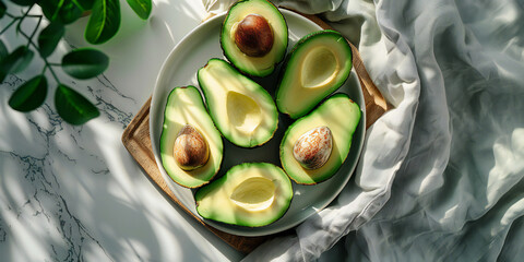 Wall Mural - Ripe avocados arranged on a white dish and wooden cutting board with cloth on white marble table with sunlight shadows. Healthy eating and diet concept banner.