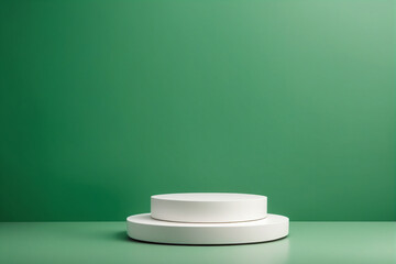 Poster - Empty pedestal display on green background with blank stand for product show or presentation