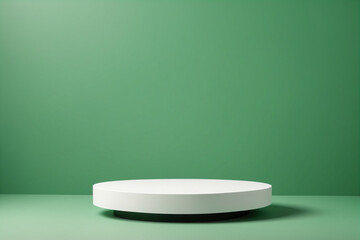 Poster - Empty pedestal display on green background with blank stand for product show or presentation