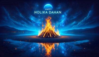 Sticker - Wallpaper for holika dahanwith a large vibrant bonfire at night with dark blue tones.