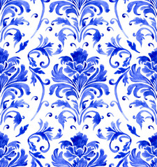  watercolor seamless pattern with blue damask ornament. classic vintage ornament