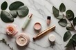 Photo assortment of plantbased beauty products with rose oil or rose extract on pink background
