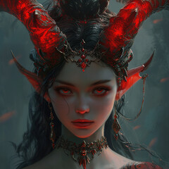 Wall Mural - A fierce goddess with red horns and glowing eyes