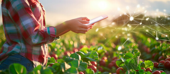 Wall Mural - farm with technology concept background. young women use tablet with virtual hologhrapic at vegetables field