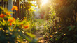 A photo of a backyard garden on a beautiful summer afternoon, background blurred
