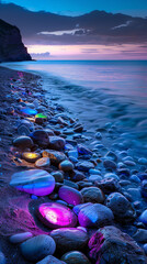 Wall Mural - Glowing stones and beach. Blue hour