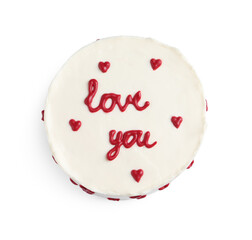 Poster - Bento cake with text Love You isolated on white, top view. St. Valentine's day surprise