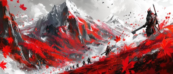 Wall Mural - a painting of a man with a sword on top of a mountain with red leaves and birds flying around him.