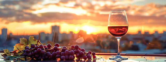 Wall Mural - wine and grapes on a table by the sunset, in the style of cityscape, light magenta