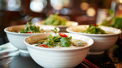 Wall Mural - white ceremic bowl of Pho on a table at a luxury but cosy restaurant with French Hanoian design