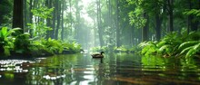 A Duck Floating On Top Of A Body Of Water In A Forest Filled With Lots Of Green Plants And Trees.