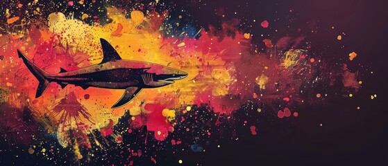 Canvas Print - a painting of a shark with yellow and red paint splatters on it's body and a black background.