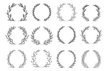 Poster - Ornamental branch wreathes set in hand drawn design. Laurel leaves wreath and decorative branch bundle. Different types of herbs, twigs, and plants curl vignetting elements. Floral decoration.